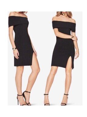 BCBGMAXAZRIA Black Ribbed Knit Off Shoulder Bodycon Slit Dress LARGE Stretch